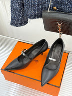 Hermes ladies black pointed-toe leather pumps with ankle strap and silver buckle, set of 2