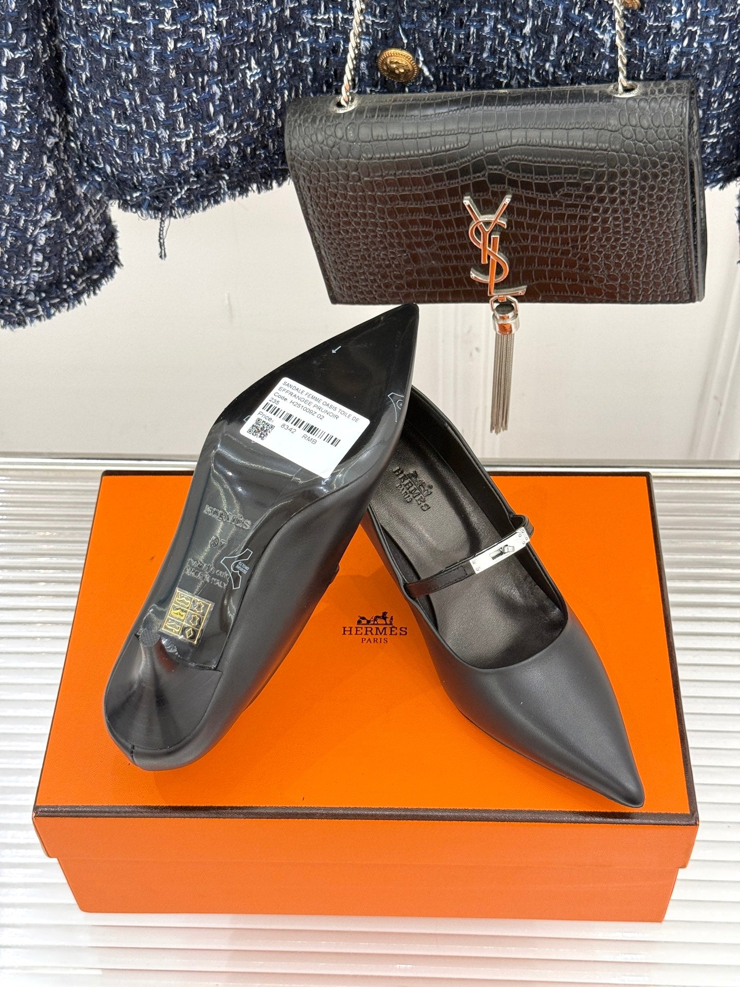 Hermes ladies black pointed-toe leather pumps with ankle strap and slim stiletto heel