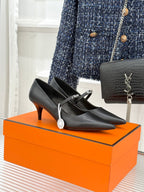 Hermes ladies black pointed-toe leather pumps, slim stiletto heel, ankle strap