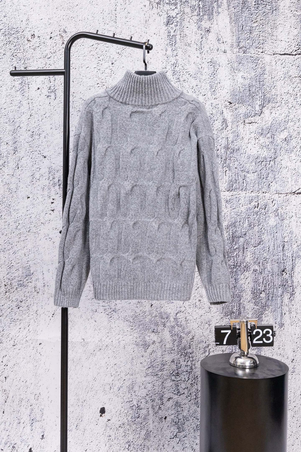 Heather gray knit sweater with ribbed high collar and half-zip