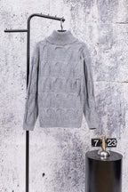 Heather gray knit sweater with ribbed high collar and half-zip