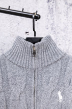 Heather gray knit sweater back with half-zip opening and ribbed collar
