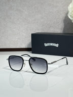 Metal-frame sunglasses with black lenses and black corner detailing
