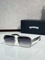 Silver square sunglasses with dark lenses and ornate side emblem