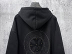 Black zip-up hoodie with rhinestone back graphic centered under hood