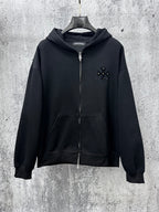Black zip-up hoodie with rhinestone chest emblem and silver front zipper