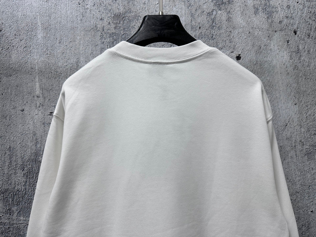 White crewneck long-sleeve sweatshirt, plain back with ribbed hem and cuffs
