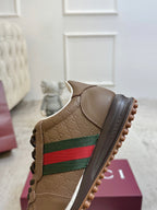 Gucci unisex leather sneaker heel, tan with green/red stripe and tread sole