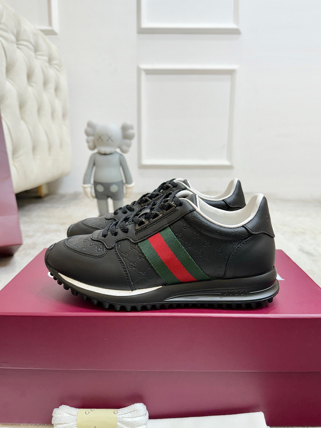 Gucci unisex lace-up sneakers, black with green and red stripe, chunky tread rubber sole