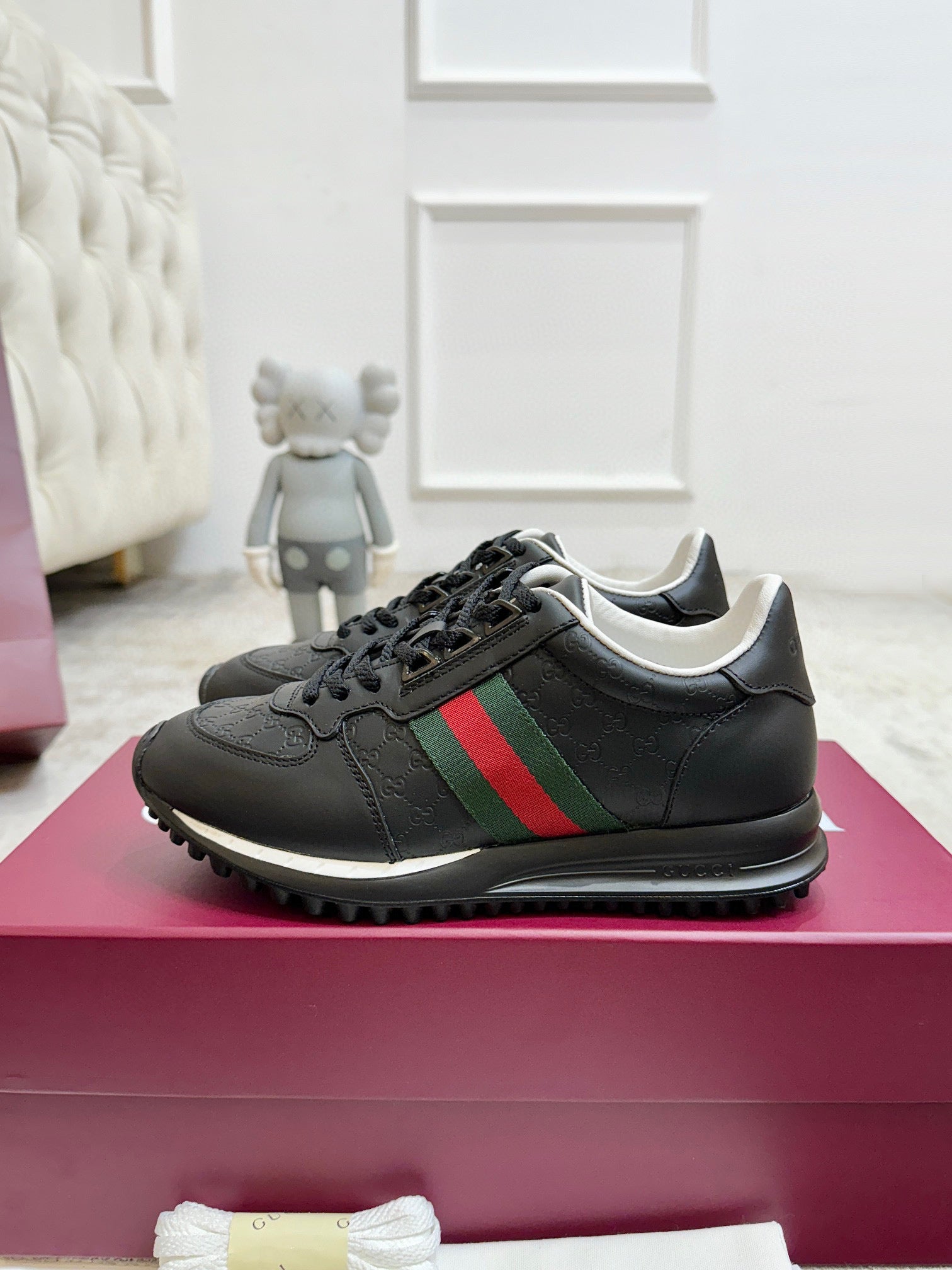 Gucci unisex lace-up sneakers, black with green and red stripe, chunky tread rubber sole