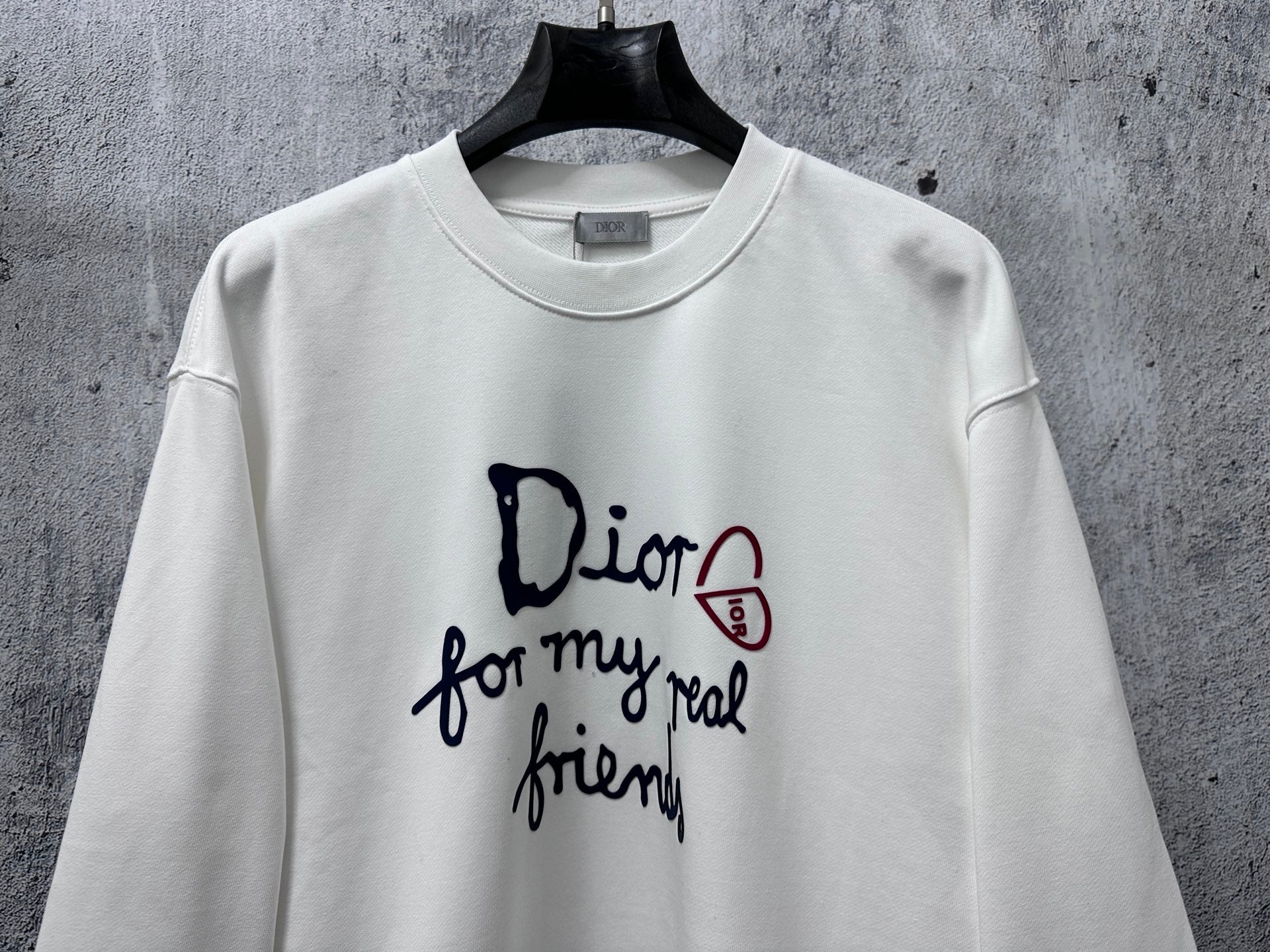 White long-sleeve sweatshirt with large Dior and 'for my real friends' print
