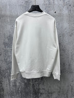 White long-sleeve sweatshirt back view, ribbed crew neck and cuffs
