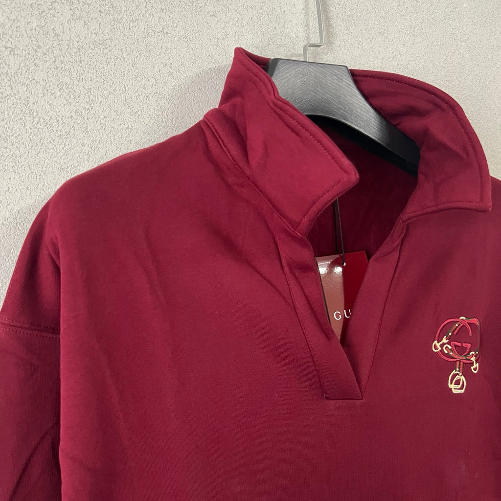 Gucci maroon quarter-zip sweatshirt with ribbed collar and embroidered crest logo