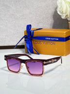 Louis Vuitton square sunglasses with tortoise frames and purple tinted lenses