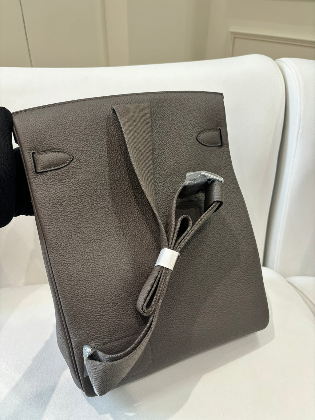 Hermes leather flap handbag gray with front pocket panel and attached strap loops