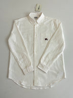White Burberry long-sleeve button shirt with chest pocket and horse logo