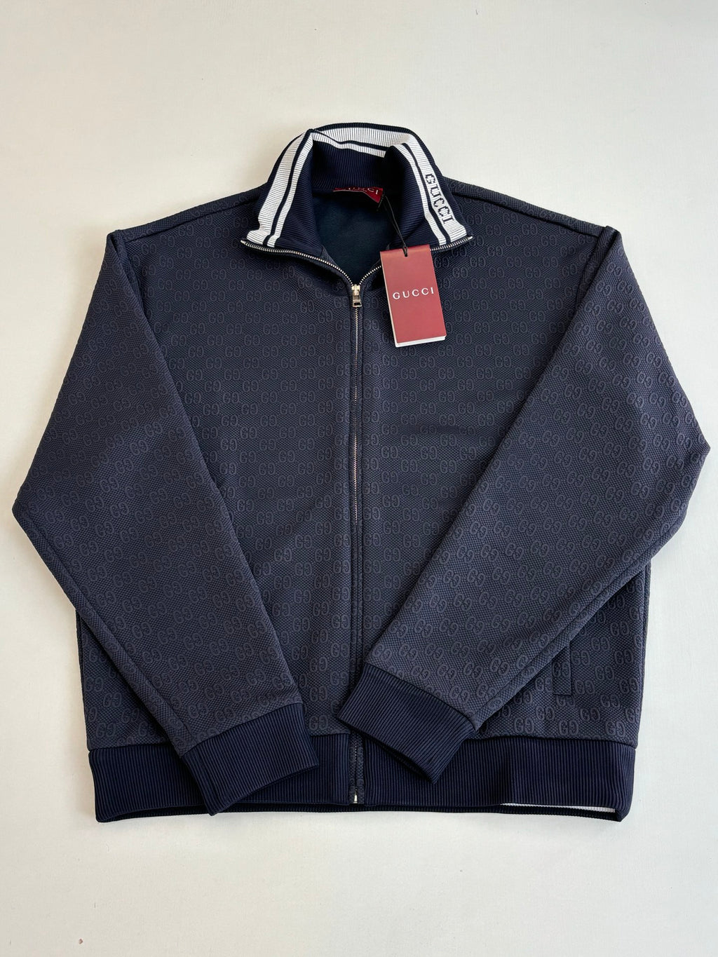 Navy Gucci track jacket with stand collar and striped trim