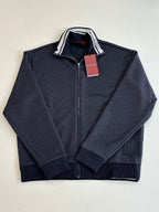 Navy Gucci track jacket with stand collar and striped trim