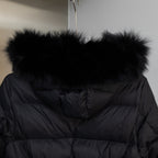 Moncler long puffer coat back view with hood faux fur trim, dark color