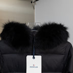 Moncler long puffer coat hood with thick faux fur trim, dark color