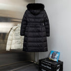 Moncler long puffer coat with belted waist and faux fur hood, dark color