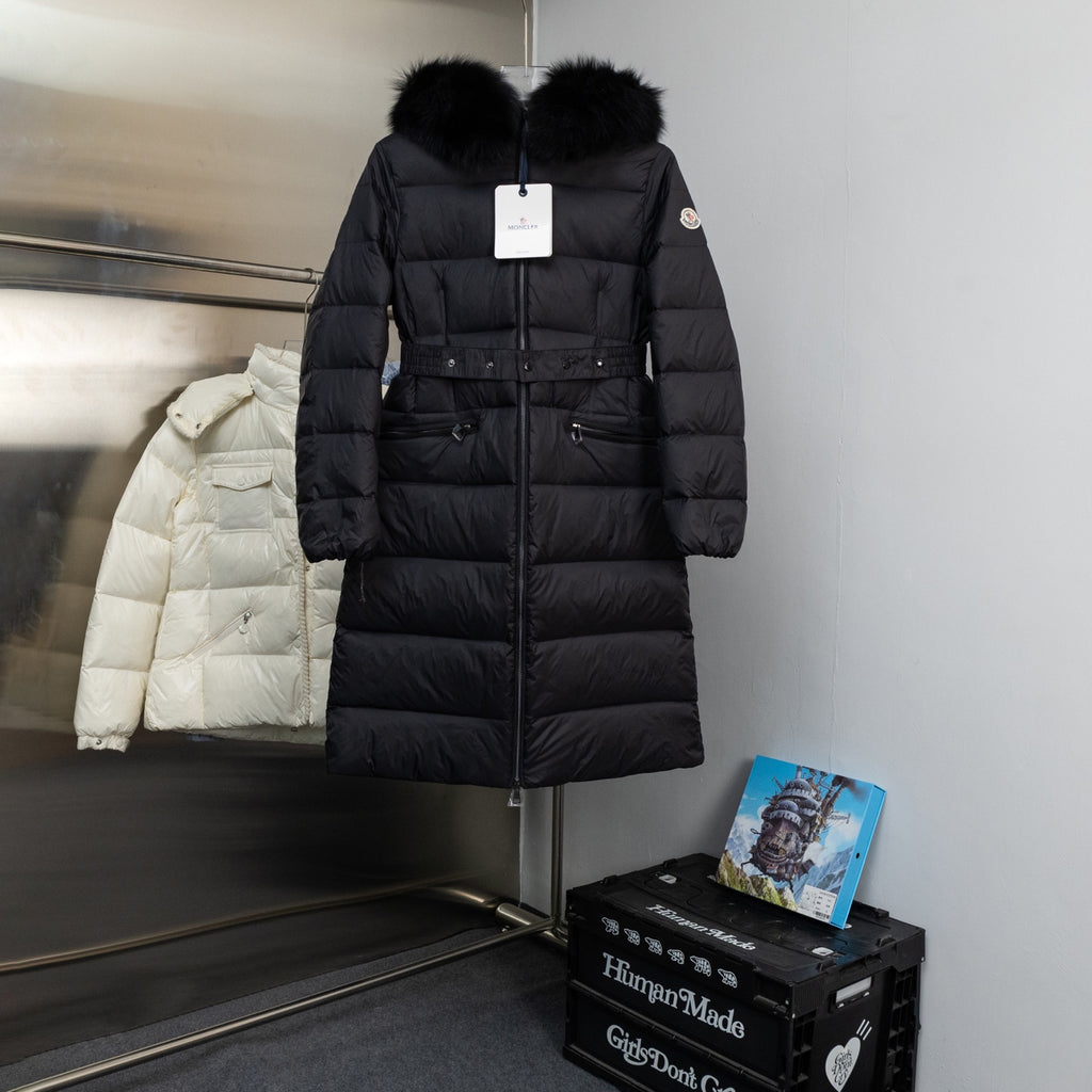 Moncler long puffer coat with faux fur hood, dark color, front zip closure