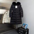 Moncler long puffer coat with faux fur hood, dark color, front zip closure