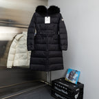 Moncler long puffer coat with faux fur hood, dark color, front zip closure