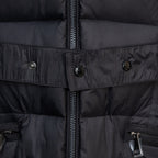 Moncler long puffer coat belt and front zipper detail, dark fabric