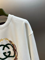 White Gucci sweatshirt with close-up of embroidered front logo
