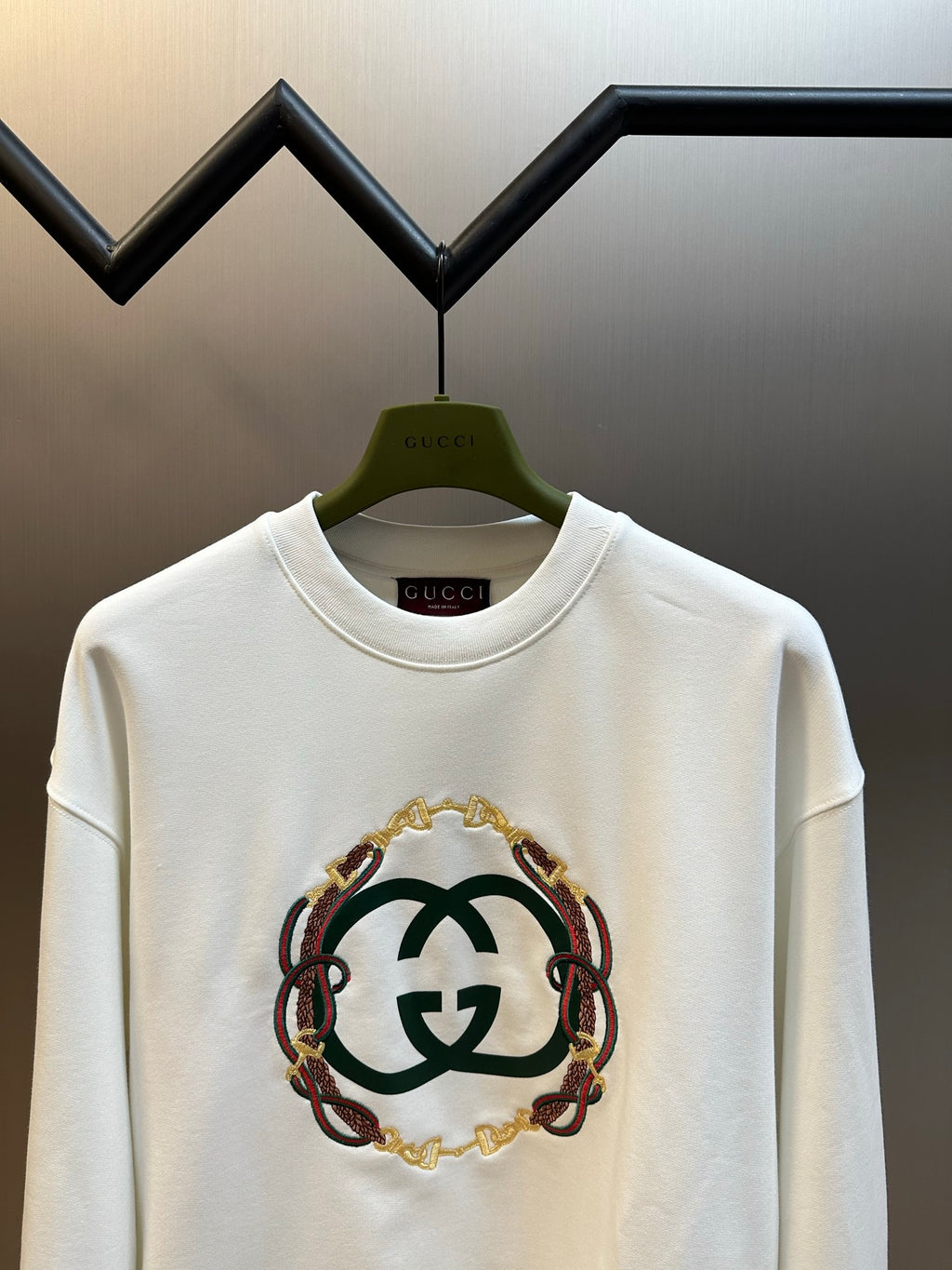 White Gucci sweatshirt with centered front logo graphic