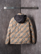 Plaid puffer jacket with black hood, rear view, beige and multicolor check pattern.