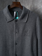 Fendi long coat, dark gray, stand collar and concealed pocket on front