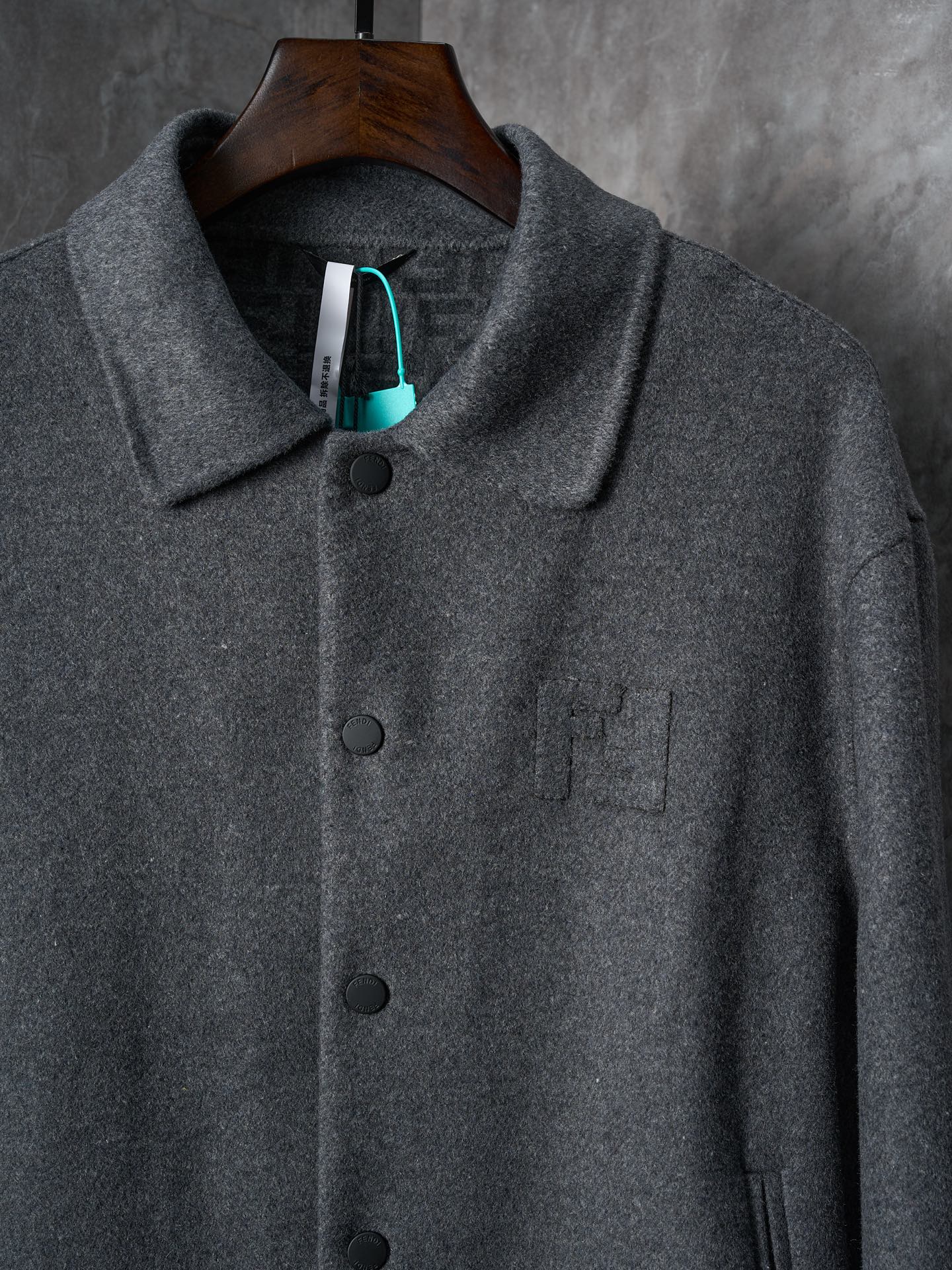 Fendi long coat, dark gray, stand collar and concealed pocket on front