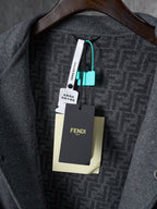 Fendi long coat with brand hangtag on dark gray interior collar
