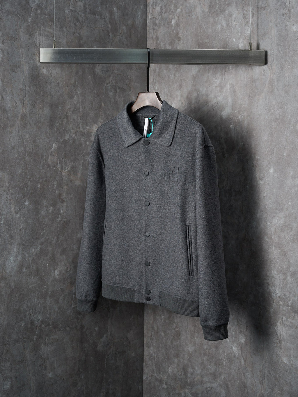 Fendi long coat, dark gray, stand collar, front pockets and buttons