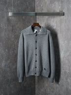 Burberry long-sleeve cardigan, heather gray knit, button-front and stand collar