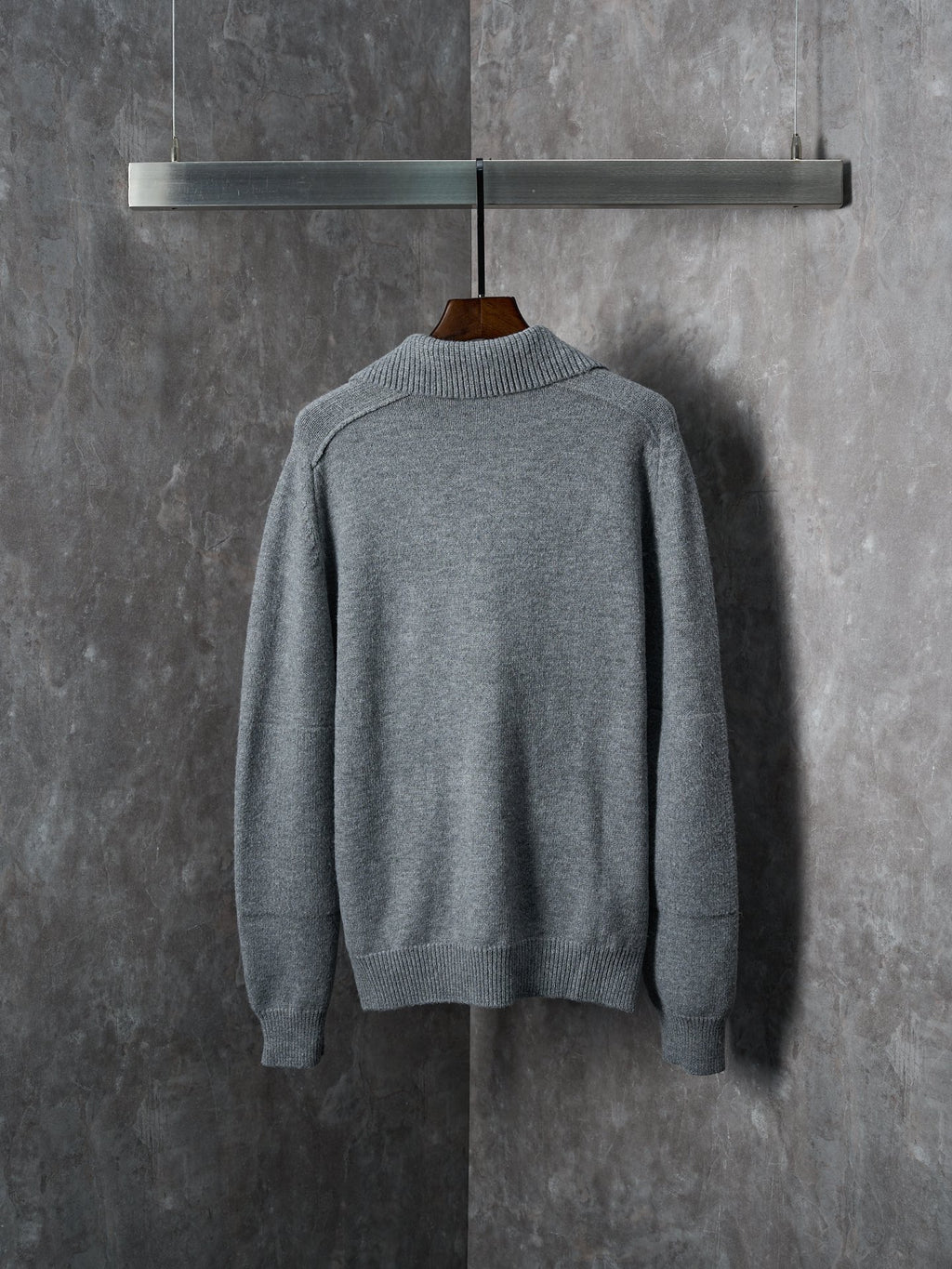 Burberry long-sleeve cardigan, heather gray knit back, ribbed collar and cuffs