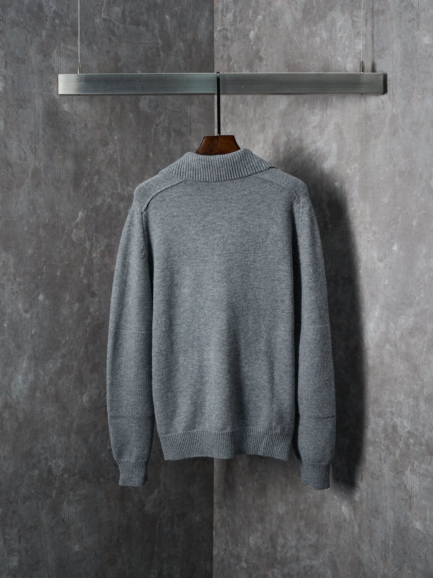 Burberry long-sleeve cardigan, heather gray knit back, ribbed collar and cuffs