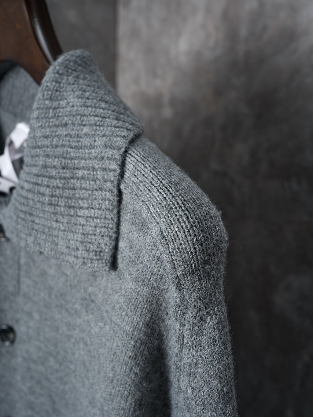 Burberry cardigan shoulder and side, heather gray knit with ribbed cuff