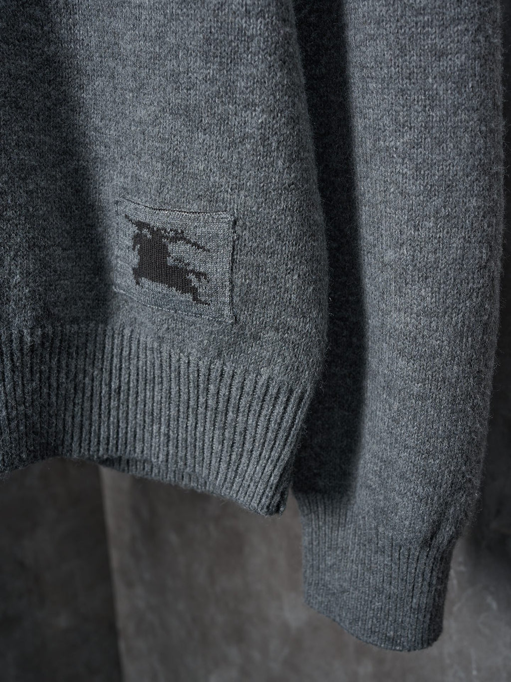 Burberry cardigan hem panel with embroidered horse logo on heather gray knit