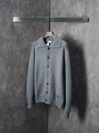 Burberry long-sleeve cardigan, heather gray knit, button placket and chest patch