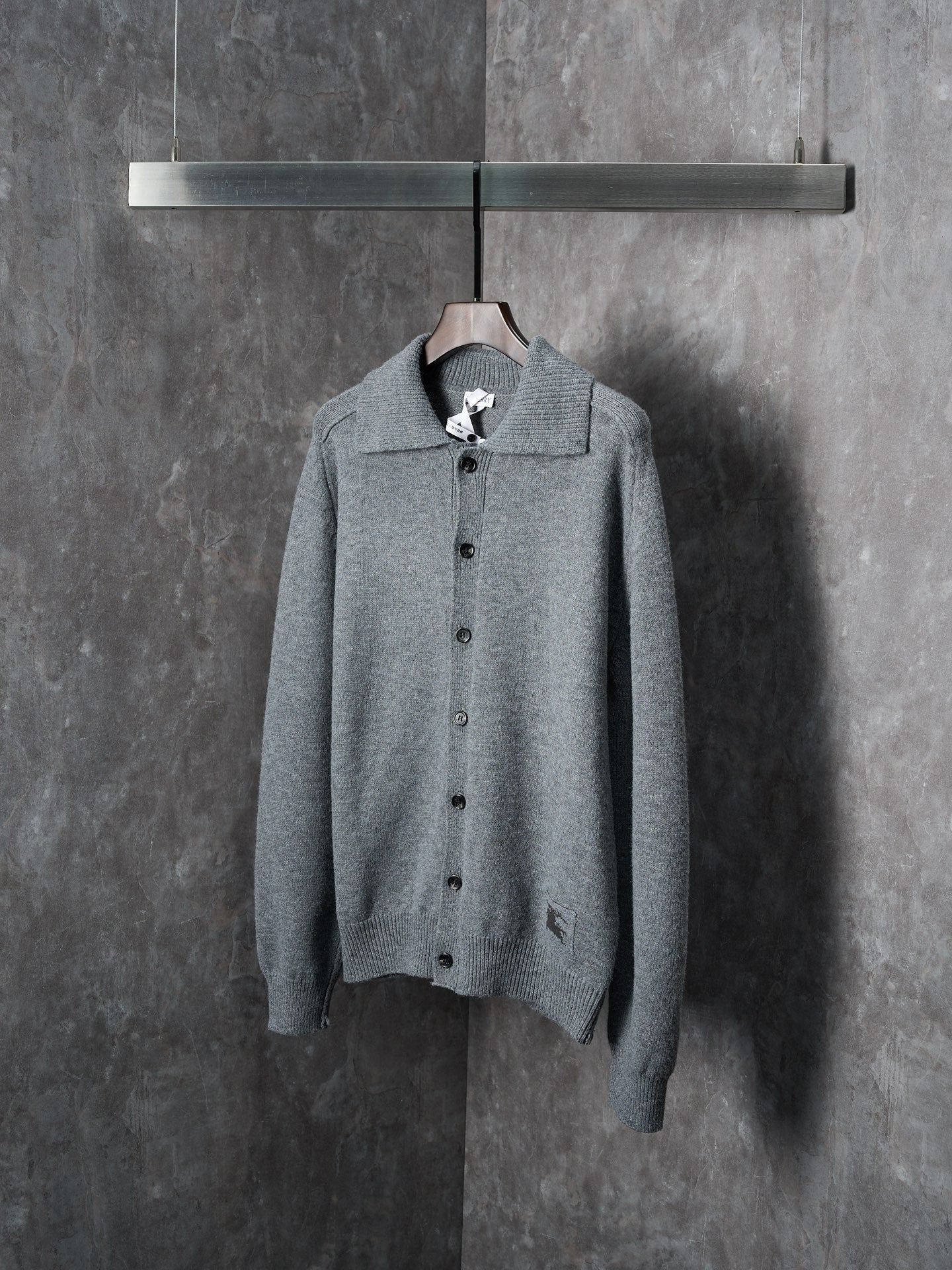 Burberry long-sleeve cardigan, heather gray knit, button placket and chest patch