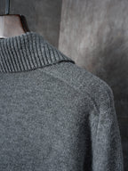 Burberry cardigan upper back, heather gray ribbed knit collar and seam