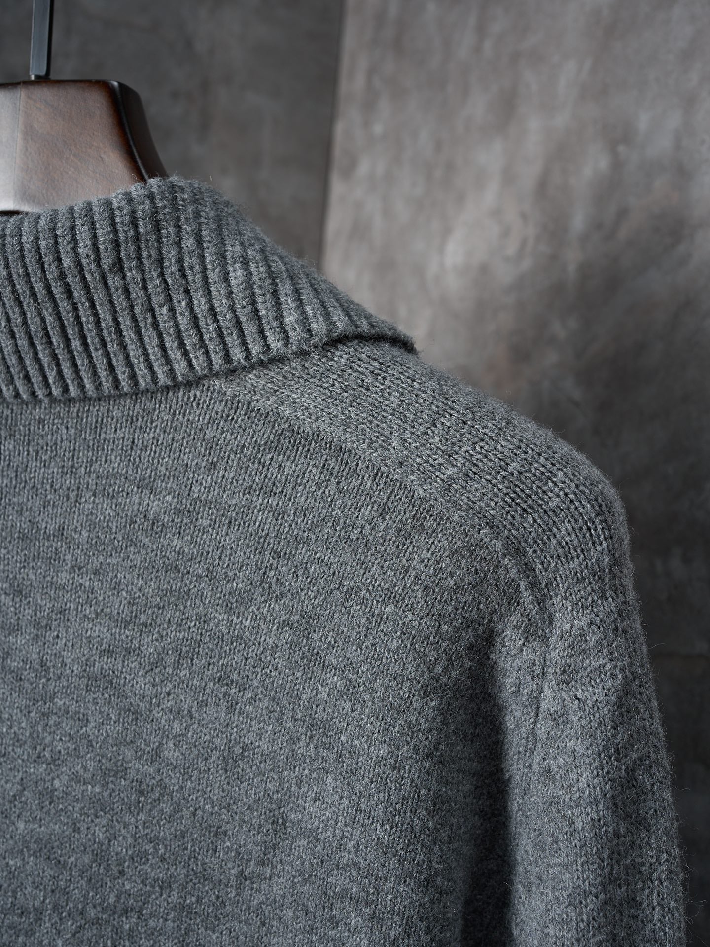 Burberry cardigan upper back, heather gray ribbed knit collar and seam