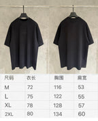 Balenciaga black T-shirt shown from front and back with size chart