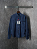Navy Prada long-sleeve shirt with button front and point collar, hanging tag attached