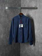 Navy Prada long-sleeve shirt with button front and point collar, hanging tag attached