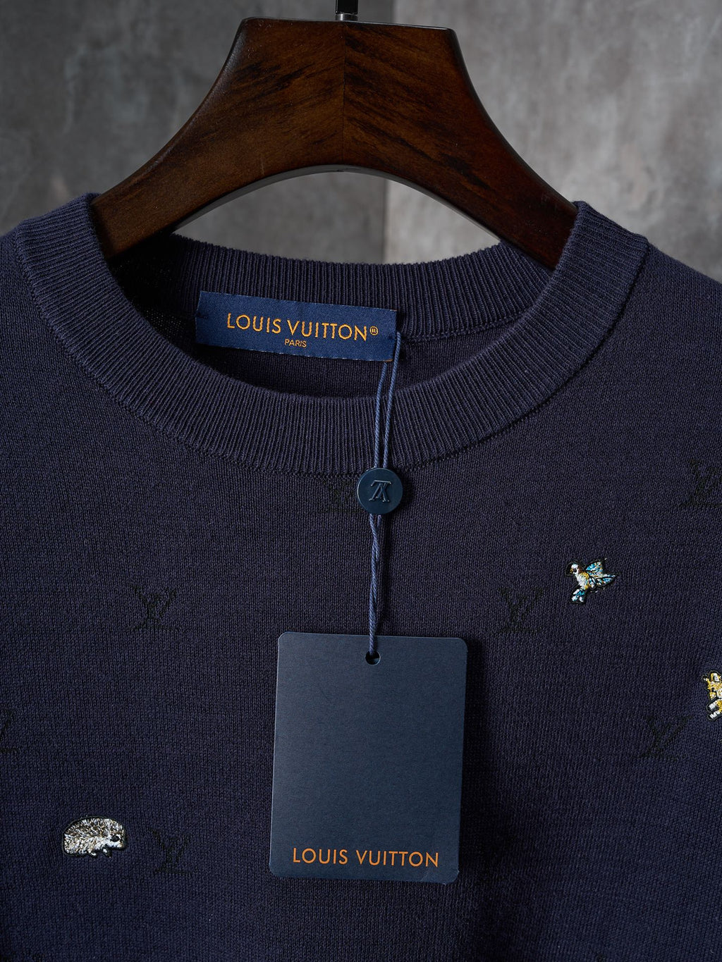 Louis Vuitton knit sweater, dark navy, crew neck with hang tag and small emblem