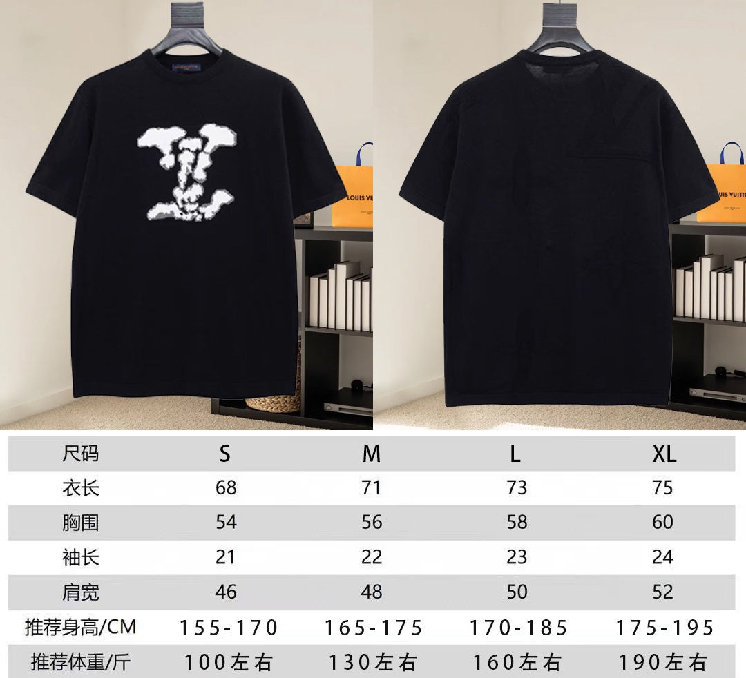 Louis Vuitton black short-sleeve T-shirt shown front and back, crew-neck style